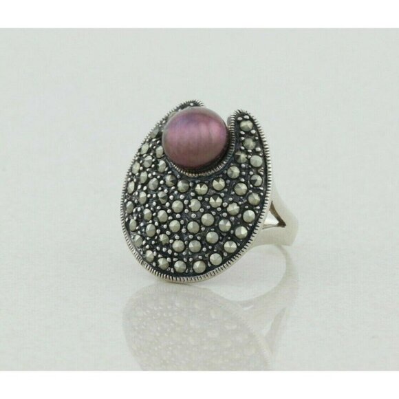Sterling Silver Brown Pearl and Marcasite Ring Size 7 - Picture 5 of 7